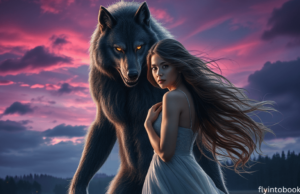 Best Paranormal Romance Books to Keep You Hooked in 2025 Enchanting dark forest scene from the best paranormal romance books, featuring a mysterious werewolf and a woman surrounded by mist and a glowing crescent moon, creating a magical romance atmosphere.