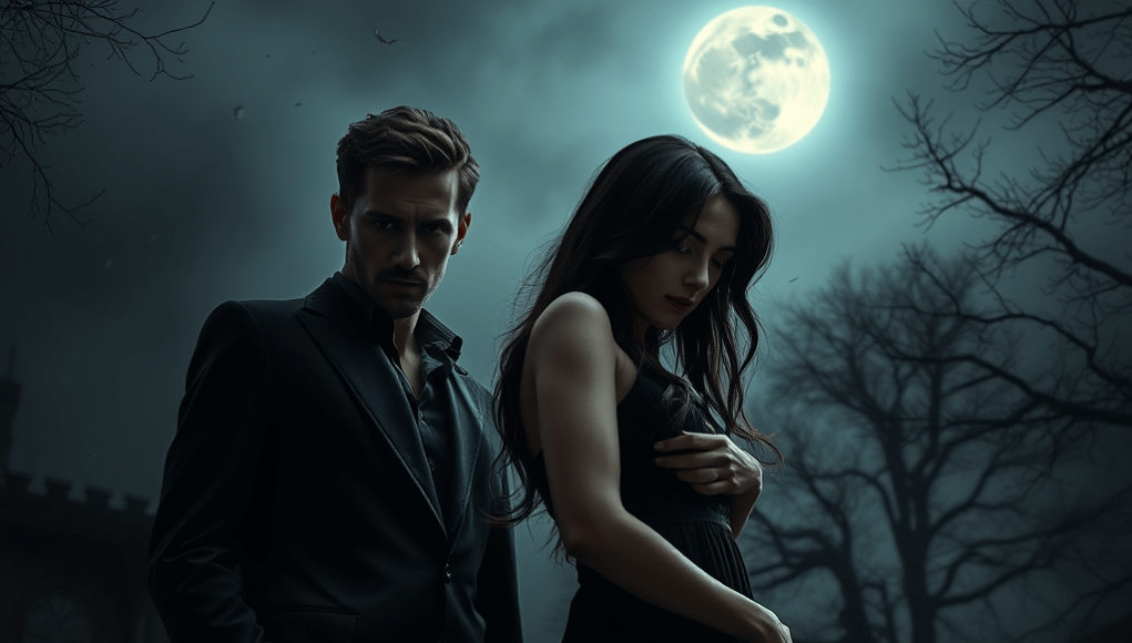 Best Dark Romance Books - flyintobooks.com an-atmospheric-dark-romance-scene-featuring-a-mysterious-couple-standing Dark romance books come to life in this atmospheric scene, featuring a mysterious couple under a moonlit sky, filled with passion and intrigue.