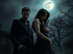 Best Dark Romance Books to Devour in 2025 Dark romance books come to life in this atmospheric scene, featuring a mysterious couple under a moonlit sky, filled with passion and intrigue.