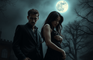 Best Dark Romance Books to Devour in 2025 Dark romance books come to life in this atmospheric scene, featuring a mysterious couple under a moonlit sky, filled with passion and intrigue.
