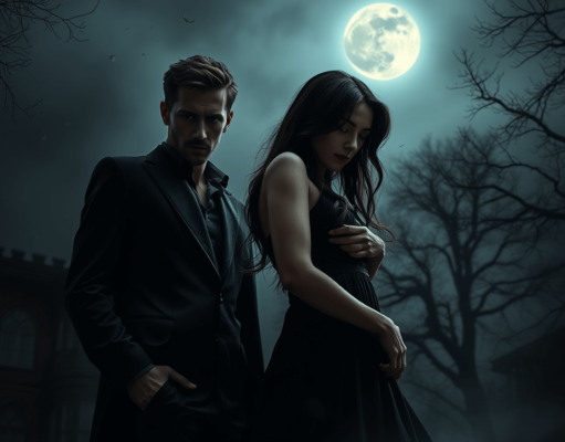 Dark romance books come to life in this atmospheric scene, featuring a mysterious couple under a moonlit sky, filled with passion and intrigue.