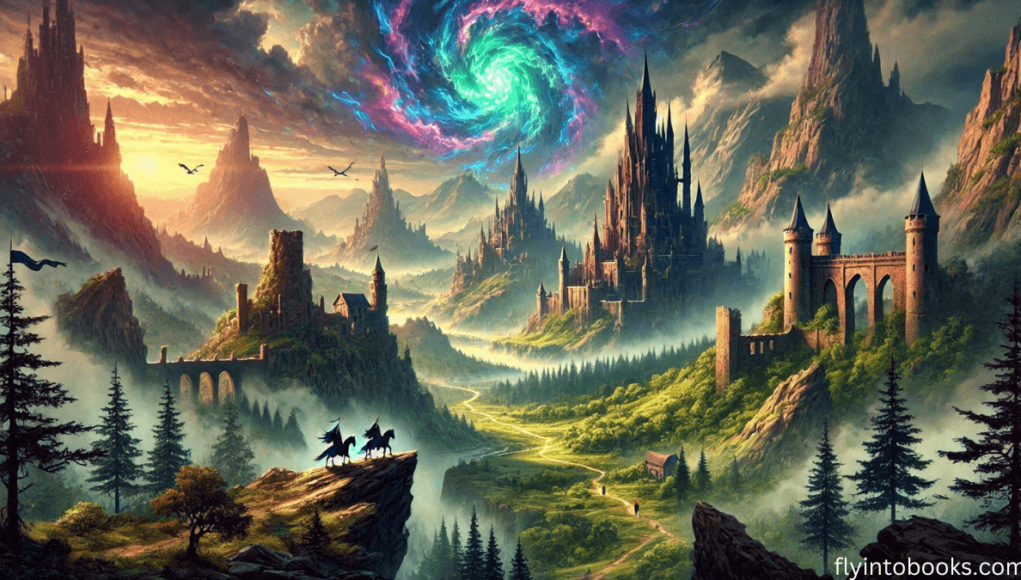 Best Epic Fantasy Books - flyintobooks.com Epic fantasy scene featuring a magical battle between warriors and mystical creatures. Glowing swords, enchanted beasts, and magical energy create a dramatic and immersive fantasy world. Perfect for capturing the essence of high-stakes adventure.