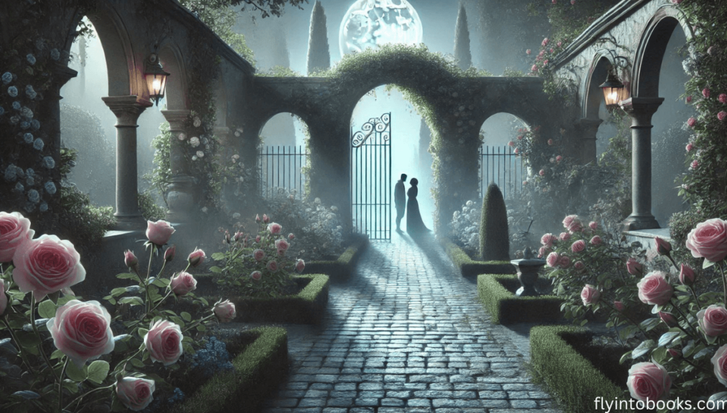 Best Mystery Romance Books - flyintobooks.com A misty forest path with a couple holding hands as they follow a trail of clues, capturing the intrigue and passion of mystery romance books.