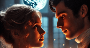 A majestic palace with golden arches and lush greenery under a soft twilight sky. In the foreground, Princess Bridget von Ascheberg stands poised in flowing royal attire, her blonde hair and blue eyes reflecting determination and grace. Beside her stands Rhys Larsen, her protective bodyguard in a sleek black suit, exuding strength and stoic intensity. Inspired by 'Twisted Games by Ana Huang.