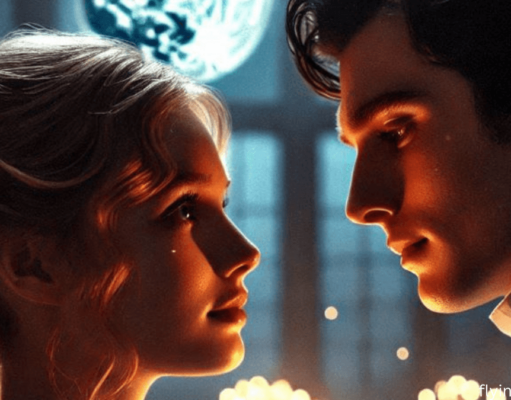 A majestic palace with golden arches and lush greenery under a soft twilight sky. In the foreground, Princess Bridget von Ascheberg stands poised in flowing royal attire, her blonde hair and blue eyes reflecting determination and grace. Beside her stands Rhys Larsen, her protective bodyguard in a sleek black suit, exuding strength and stoic intensity. Inspired by 'Twisted Games by Ana Huang.