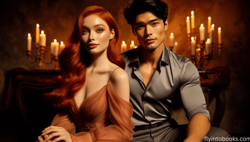 Twisted Hate by Ana Huang - flyintobooks.com A romantic scene featuring Jules and Josh Chen from Twisted Hate by Ana Huang. Jules, with bright red hair and hazel eyes, sits close to Josh, a muscular Chinese-American with dark hair. They are surrounded by a warm, candlelit setting, their hands gently intertwined, reflecting their deep connection and undeniable chemistry.