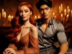 Why Is “Twisted Hate” by Ana Huang a Must-Read for Romance Fans? A romantic scene featuring Jules and Josh Chen from Twisted Hate by Ana Huang. Jules, with bright red hair and hazel eyes, sits close to Josh, a muscular Chinese-American with dark hair. They are surrounded by a warm, candlelit setting, their hands gently intertwined, reflecting their deep connection and undeniable chemistry.