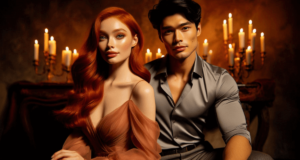 A romantic scene featuring Jules and Josh Chen from Twisted Hate by Ana Huang. Jules, with bright red hair and hazel eyes, sits close to Josh, a muscular Chinese-American with dark hair. They are surrounded by a warm, candlelit setting, their hands gently intertwined, reflecting their deep connection and undeniable chemistry.