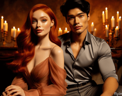 A romantic scene featuring Jules and Josh Chen from Twisted Hate by Ana Huang. Jules, with bright red hair and hazel eyes, sits close to Josh, a muscular Chinese-American with dark hair. They are surrounded by a warm, candlelit setting, their hands gently intertwined, reflecting their deep connection and undeniable chemistry.