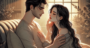 Warm and emotional depiction from 'Twisted Love,' portraying Alex Volkov and Ava Chen’s romantic connection, perfect for fans of deep, passionate romance books.