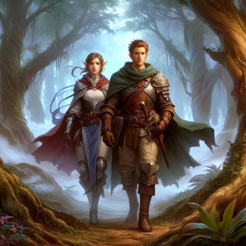Enemies‑to‑lovers fantasy romance united couple—knight and mage—stand back‑to‑back amid battlefield rubble victorious.