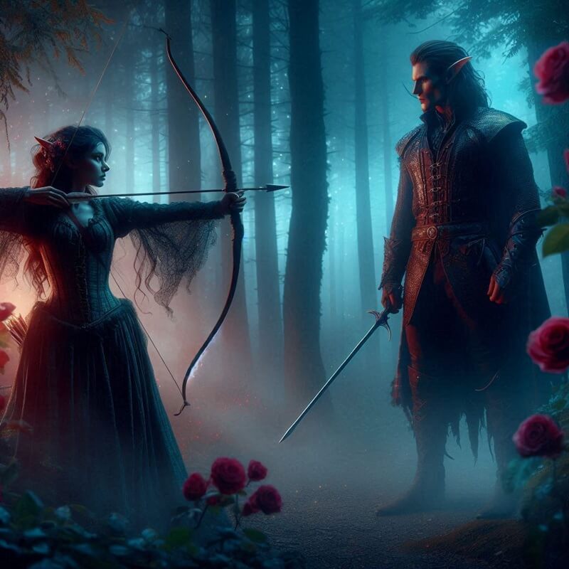 Feyre surrounded by faerie rose bush pointing bow at Tamlin—enemies‑to‑lovers fantasy romance scene from A Court of Thorns and Roses.