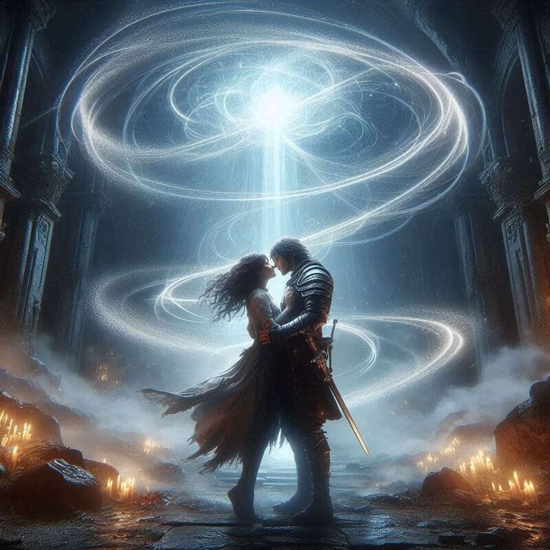 Enemies‑to‑lovers fantasy romance stolen kiss under swirling magical light in ruined temple.