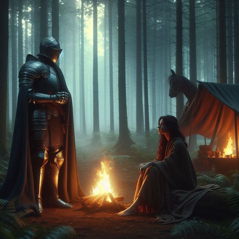 Enemies‑to‑lovers fantasy romance softening moment: knight offers cloak to weary sorceress by campfire.